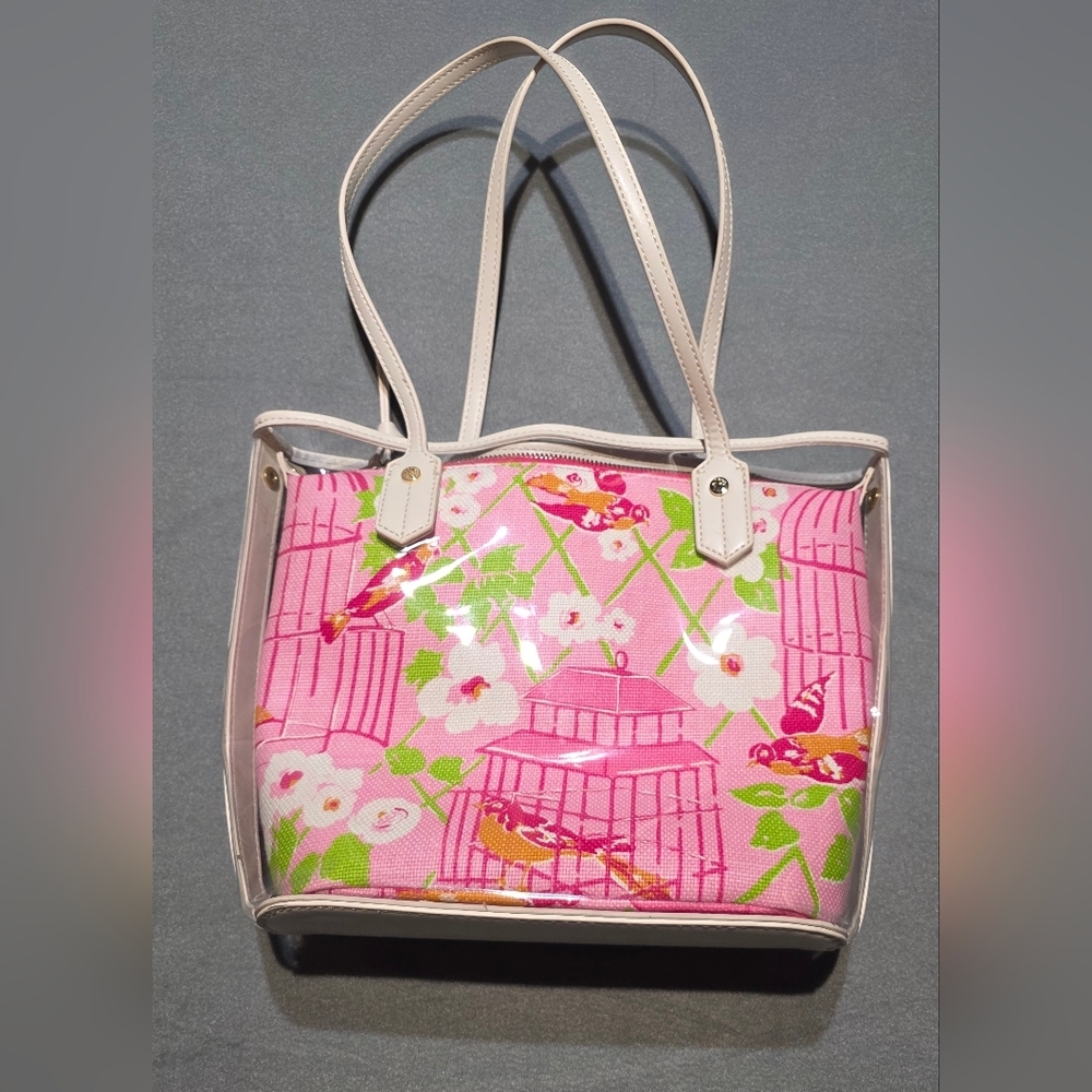 Spartina 449 Pink & White Floral Birdcage Tote EXCELLENT Cond L:13 H:10 - Picture 2 of 13